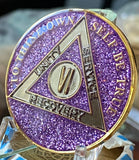 6 Year AA Medallion Purple Lavender Glitter Sobriety Chip