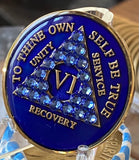 6 Year AA Medallion Blue Sapphire Crystal Sobriety Chip