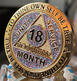 18 Month AA Medallion Reflex Funfetti Birthday Glitter Gold Plated Sobriety Chip