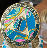 1 Year AA Medallion Elegant Tahiti Teal Blue and Pink Marble Gold Sobriety Chip