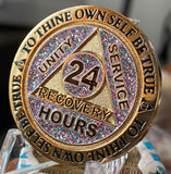 24 Hours AA Medallion Reflex Funfetti Birthday Glitter Gold Plated Sobriety Chip