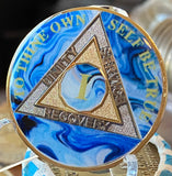 1 or 2 Year AA Medallion Abstract Blue Swirl Tri-Plate Sobriety Chip