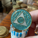 18 Year AA Medallion Aqua Glitter Tri-Plate Sobriety Chip