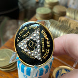 30 Year AA Medallion Black Diamond Like Clear Crystal Sobriety Chip