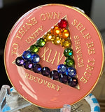44 Year AA Medallion Pink Rainbow Crystal Sobriety w