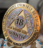 18 Month AA Medallion Reflex Funfetti Birthday Glitter Gold Plated Sobriety Chip