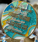 1 Year AA Medallion Elegant Caribbean Aqua Glitter Teal Marble Gold Sobriety Chip