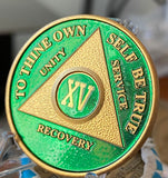 15 Year AA Medallion Green Gold Plated Sobriety Chip