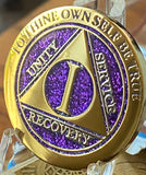 1 Year AA Medallion Elegant Purple Glitter Gold & Silver Plated Sobriety Chip