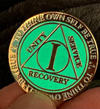 1 Year AA Medallion Reflex Glow In The Dark Gold Plated Blue Sobriety Chip