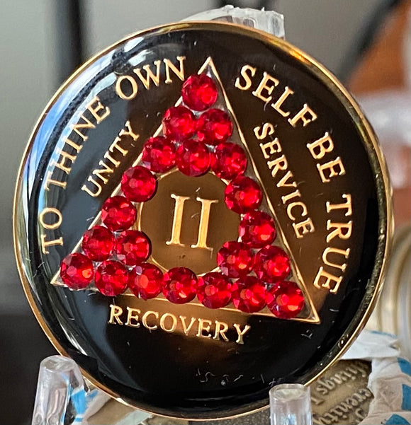 2 Year AA Medallion Black Siam Red Crystal Sobriety Chip