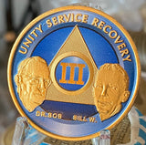 3 Year AA Founders Medallion Ocean Breeze Blue Gold Plated Sobriety Chip