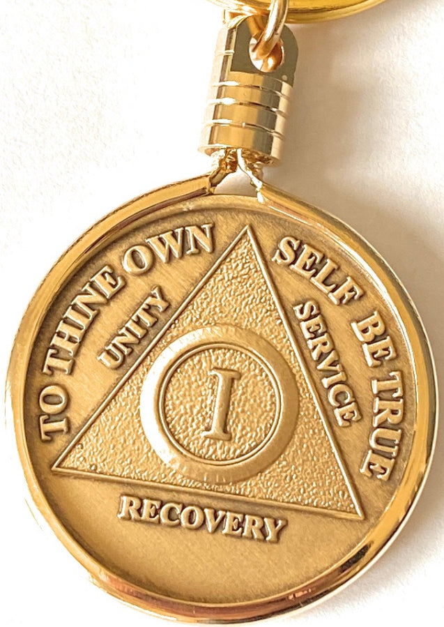 Wendells 1 Year AA Medallion in Gold Plated Recovery Mint Keychain Holder