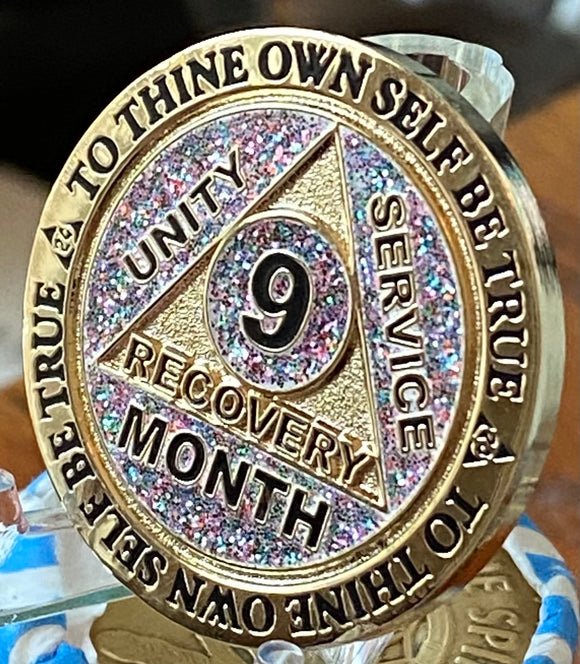 9 Month Funfetti Glitter Sobriety Chip For AA Members