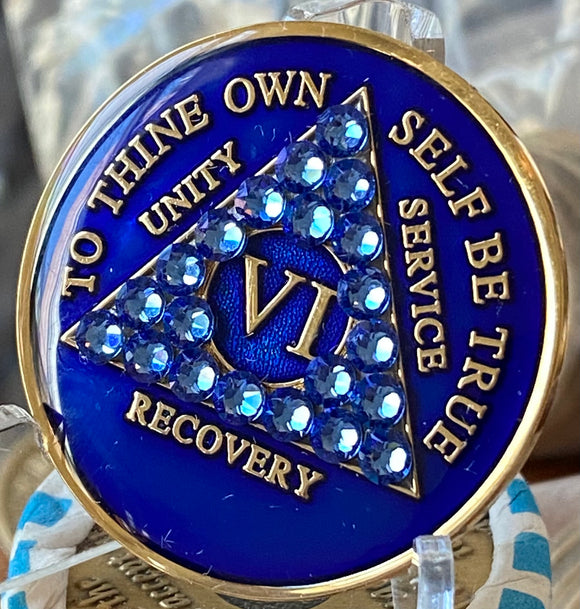 6 Year AA Medallion Blue Sapphire Crystal Sobriety Chip