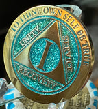 1 Year AA Medallion Elegant Aqua Glitter Gold Plated Sobriety Chip