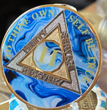 1 or 2 Year AA Medallion Abstract Blue Swirl Tri-Plate Sobriety Chip