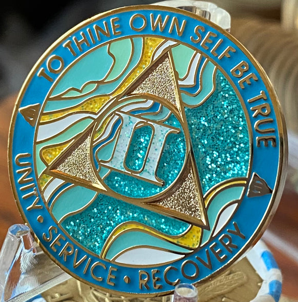 2 Year AA Medallion Elegant Caribbean Aqua Glitter Teal Marble Gold Sobriety Chip