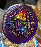 5 Year AA Medallion Purple Rainbow Crystal Sobriety Chip