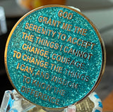 1 Year AA Medallion Elegant Aqua Glitter Gold Plated Sobriety Chip