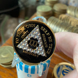 30 Year AA Medallion Black Diamond Like Clear Crystal Sobriety Chip