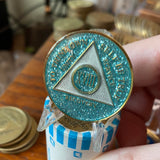 18 Year AA Medallion Aqua Glitter Tri-Plate Sobriety Chip