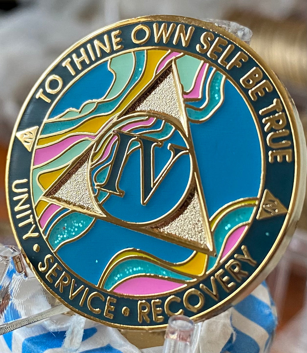 11 Year AA Sobriety Medallion - Elegant Marble Tahiti Teal Blue & Pink With Gold Plating - View #9