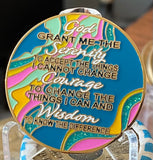 1 Year AA Medallion Elegant Tahiti Teal Blue and Pink Marble Gold Sobriety Chip