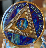 1 or 2 Year AA Medallion Sapphire Blue Swirl Tri-Plate Sobriety Chip