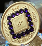 2 Year Official NA Sobriety Chip Purple Velvet Swarovski Crystal Bronze Medallion