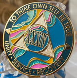 34 Year AA Medallion Elegant Tahiti Teal Blue and Pink Marble Gold Sobriety Chip