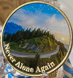 Never Alone Again Medallion Color Mountain Road Scene Sobriety Chip