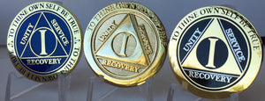 3 New 1 Year AA Medallion Color And Gold Plated Designs Blue & Black With Beveled Edges