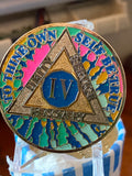 4 Year AA Medallion Hippie Tie Dye Pink Teal Sobriety Chip Serenity Prayer Back