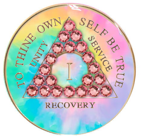 1 - 10 Year AA Medallion Psychic-Delic Rainbow Tie-Dye Rose Crystal Sobriety Chip