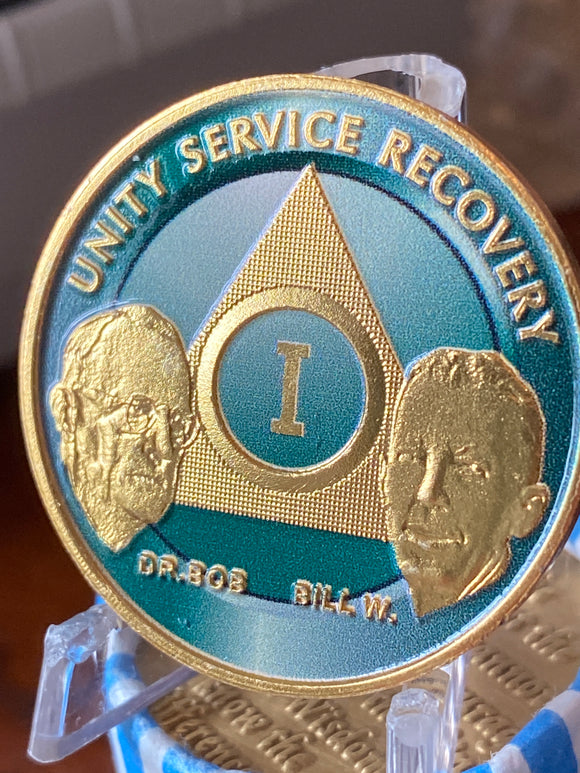 1 Year AA Founders Medallions Green Gold Plated Sobriety Chip
