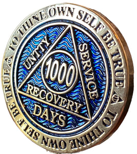 Misspelled 1000 Days AA Medallion Reflex Blue Gold Plated Sobriety Chip