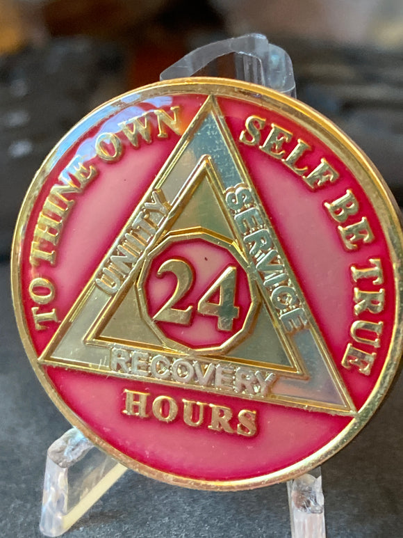 24 Hours AA Medallion Pink Tri-Plate Sobriety Chip Serenity Prayer Back