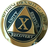10 Year AA Medallion Elegant Black Gold Plated Sobriety Chip