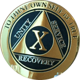 10 Year AA Medallion Elegant Black Gold Plated Sobriety Chip
