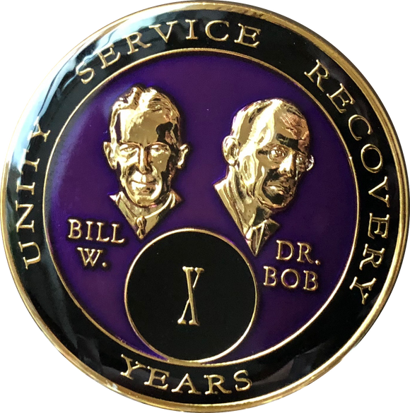 10 Year AA Founders Medallion Purple Tri-Plate Sobriety Chip Bill & Bob Coin