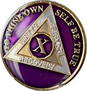 10 Year AA Medallion Metallic Purple Tri-Plate Sobriety Chip
