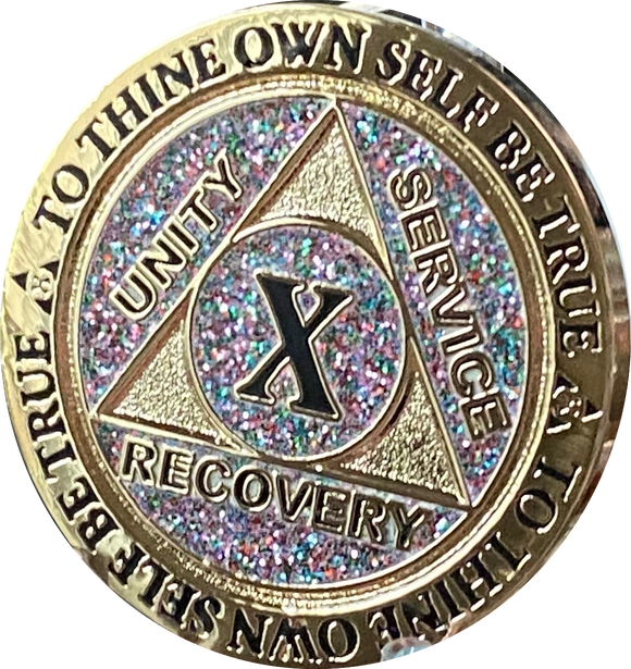 10 Year AA Medallion Reflex Birthday Funfetti Glitter Silver Gold Plated Sobriety Chip