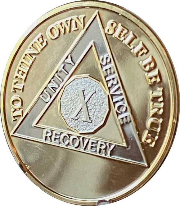 10 Year AA Medallion Premium 22k Bi-Plate Gold Plated Sobriety Chip