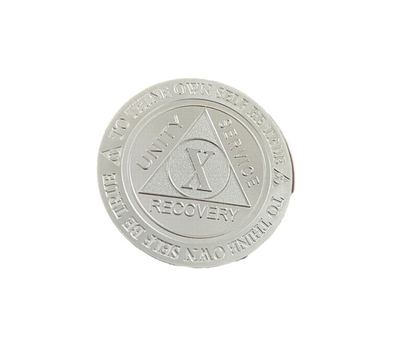 10 Year AA Medallion .999 Fine Silver 1 oz Sobriety Chip Serenity Prayer Back Elegant Design
