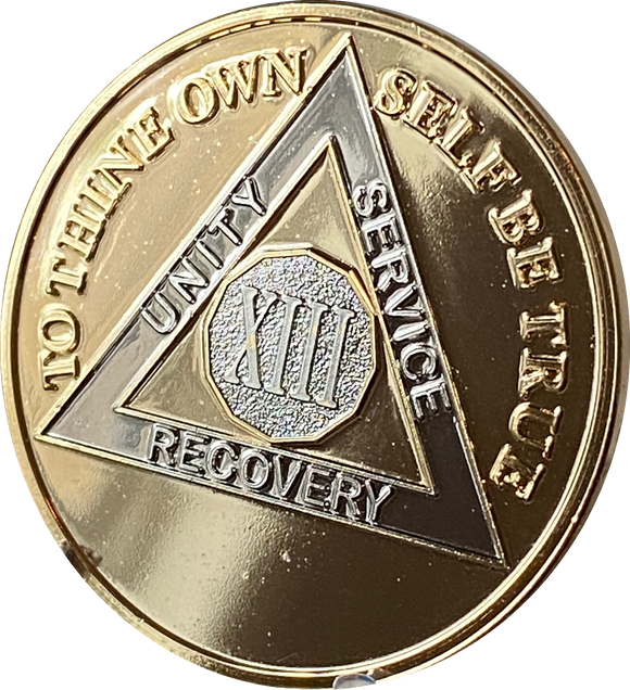 13 Year AA Medallion 22k Gold Plated Premium Sobriety Chip XIII