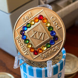 16 Year NA Clean Time Chip Bronze Rainbow LGBT Crystal Sobriety Chip