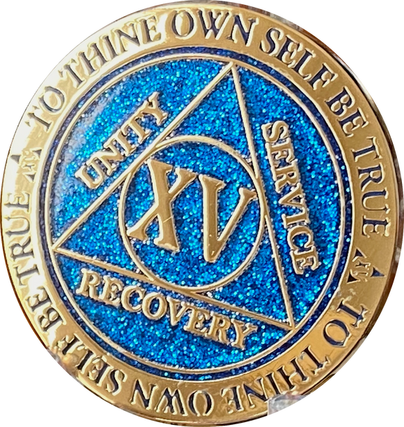 15 Year AA Medallion Reflex Glitter Blue Gold Plated Sobriety Chip