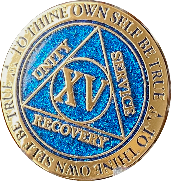 1 Jahr AA Nüchternheits-Medaille – In Cosmic Blue Glitzer & Vergoldet, Mit Gelassenheitsgebet