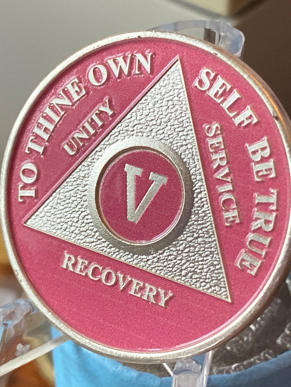 5 Year AA Medallion Pink Silver Plated Sobriety Chip Serenity Prayer Back